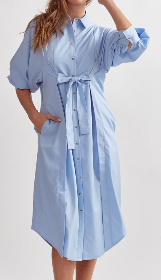 Solid Button Down 3/4 Sleeve Midi Dress - Chambray