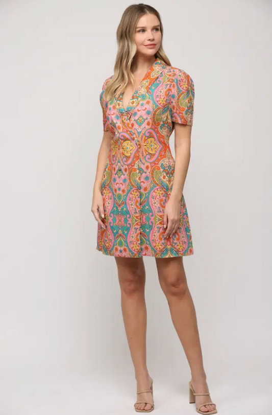 Paisley Print Linen Blend Blazer Dress