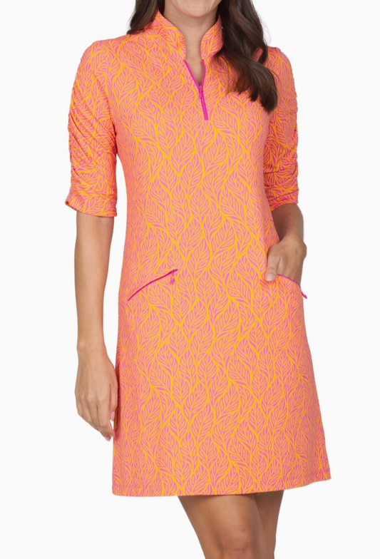 Ruched Elbow Length Sleeve Dress - Sally Orange Peel/Hot Pink