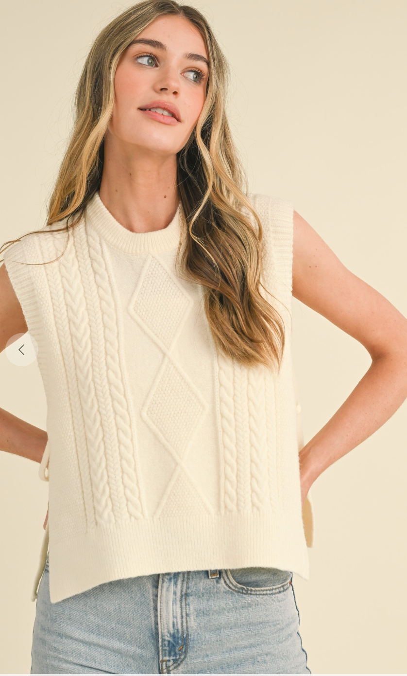 Cable Knit Side Tie Sweater Vest Ivory