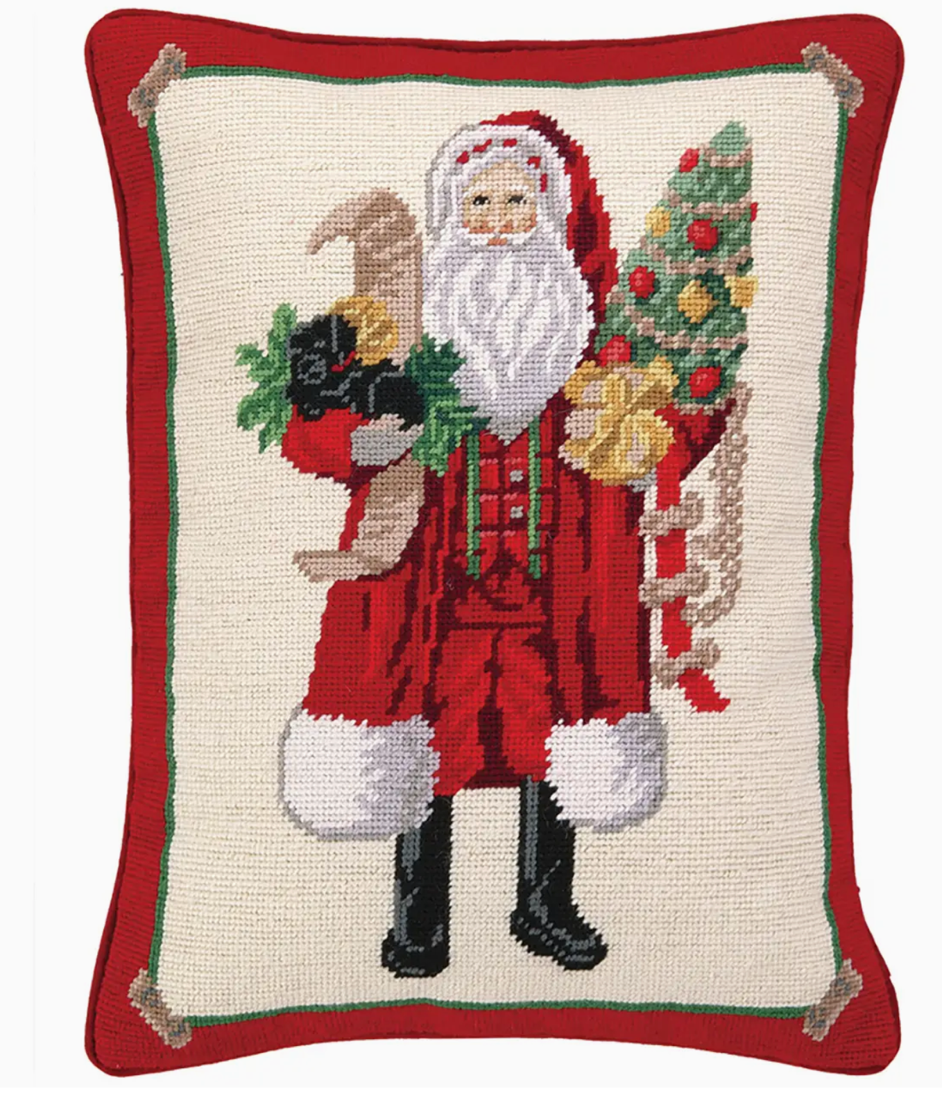 Santa and Black Puppy Needlepoint Pillow