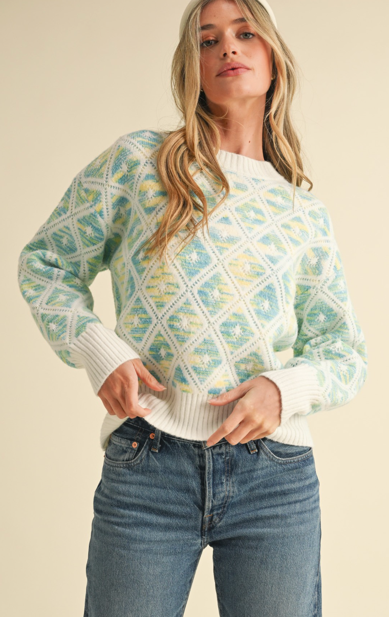 Multi Color Diamond Knit Sweater- Teal Lemon