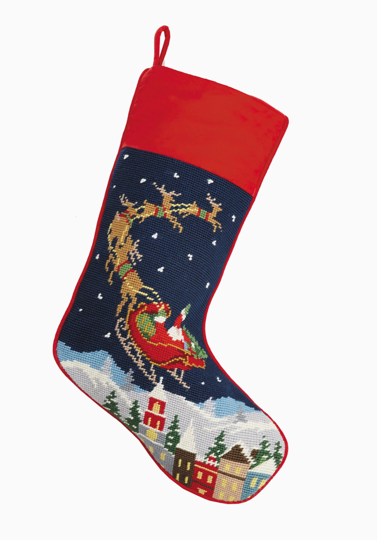 Santa and Reindeer Needlepoint Stocking-Red