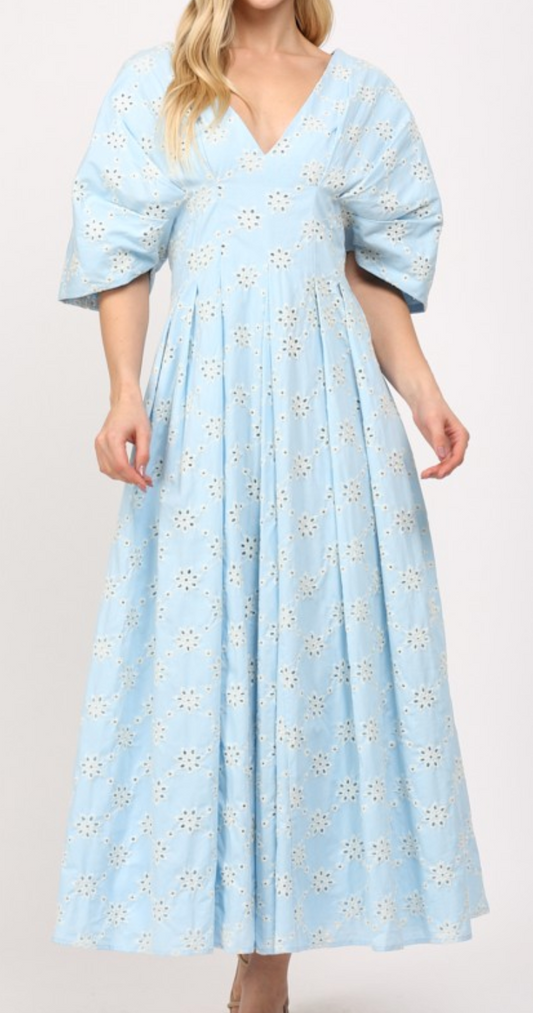 Eyelet Lace V-Neck Midi Dress - Baby Blue