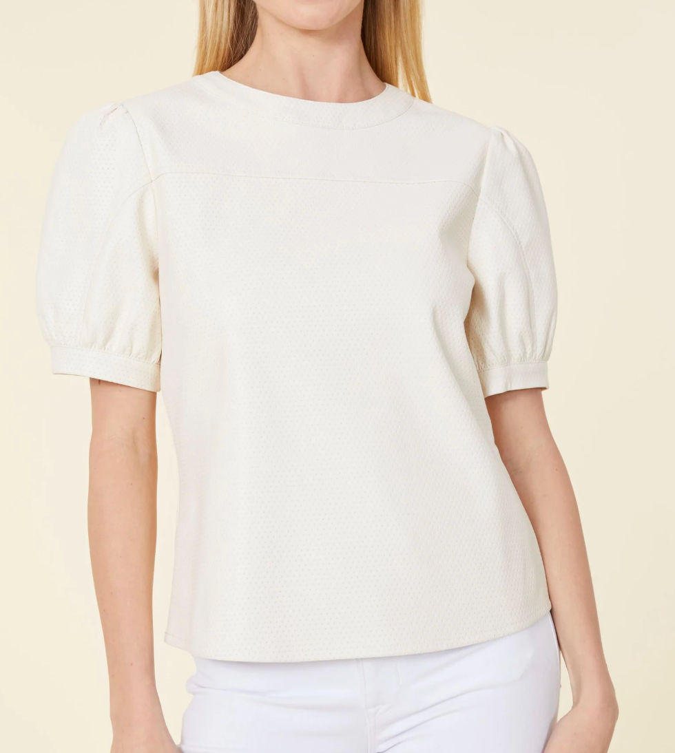 Vegan Leather Perforated Puff Sleeve Top - Creme