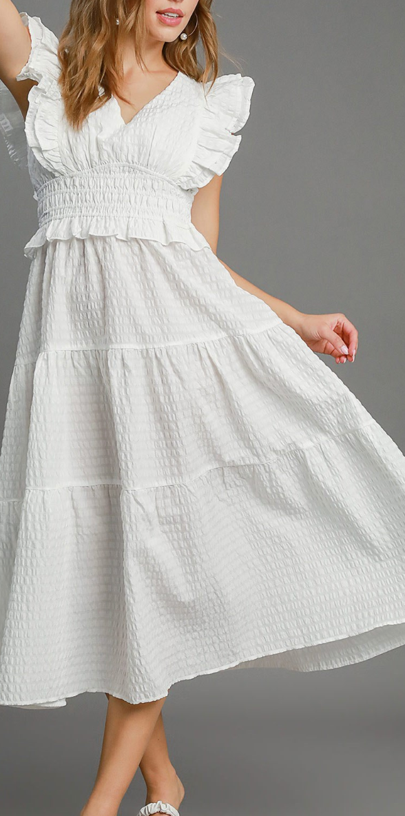 V-Neck Ruffle Midi Dress - White