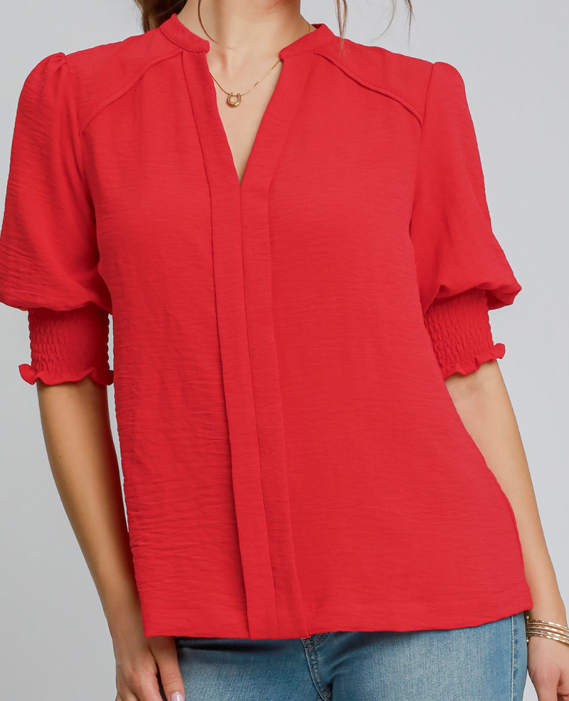 Solid Split Neck Top - Cherry Red