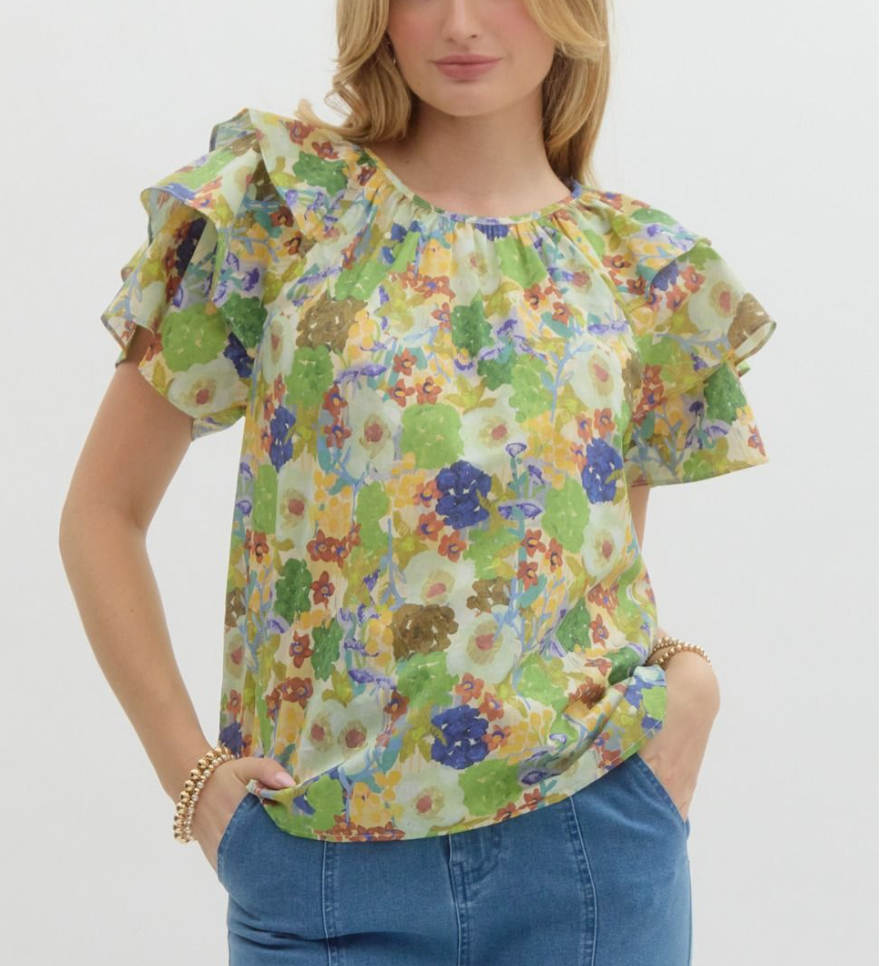 Floral Print Short Sleeve Top - Apple Green