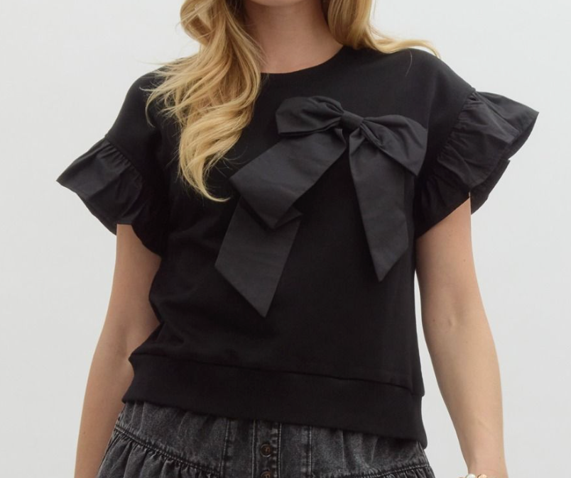 Solid Crew Neck Ruffled Short Sleeve Top- Black