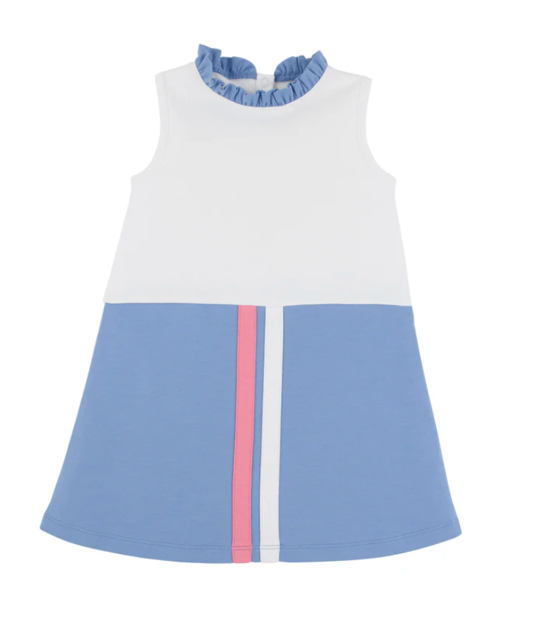 Lizzies Luxe Leisure Dress - Ruffle Worth Ave White/ Barbados Blue/Hamptons Hot Pink