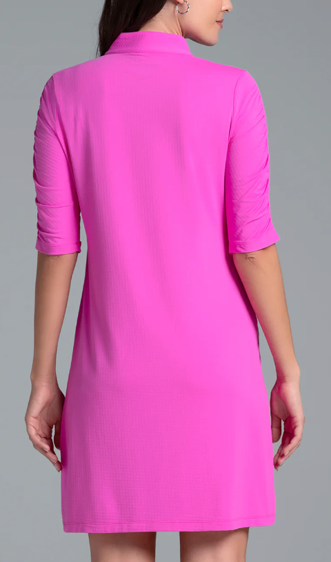 Solid Ruched Elbow Sleeve Dress - Hot Pink