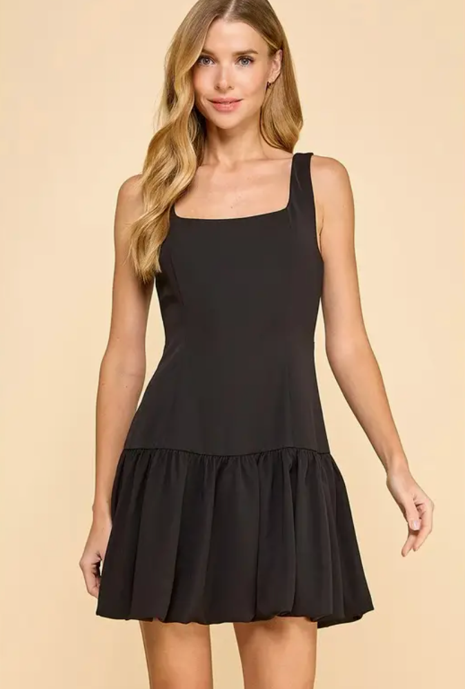 Square Neckline Bubble Dress-Black