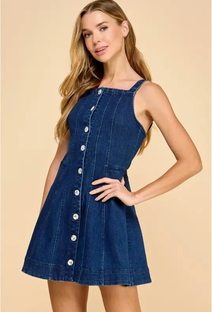 Denim Button Down Adjustable Straps Dress