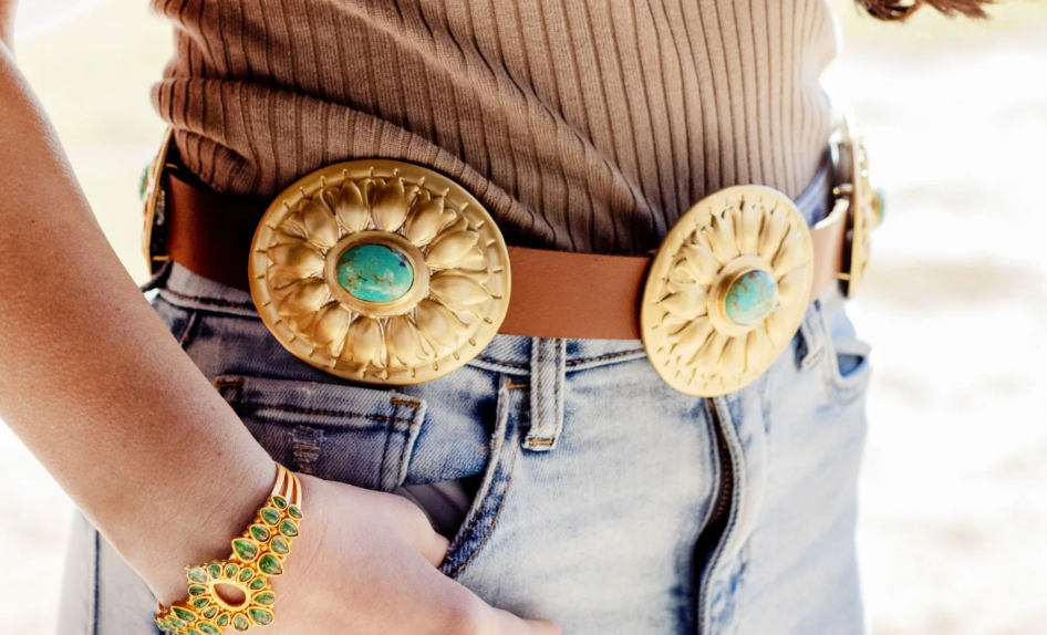 Turquoise and Brass Concho Belt - Brown