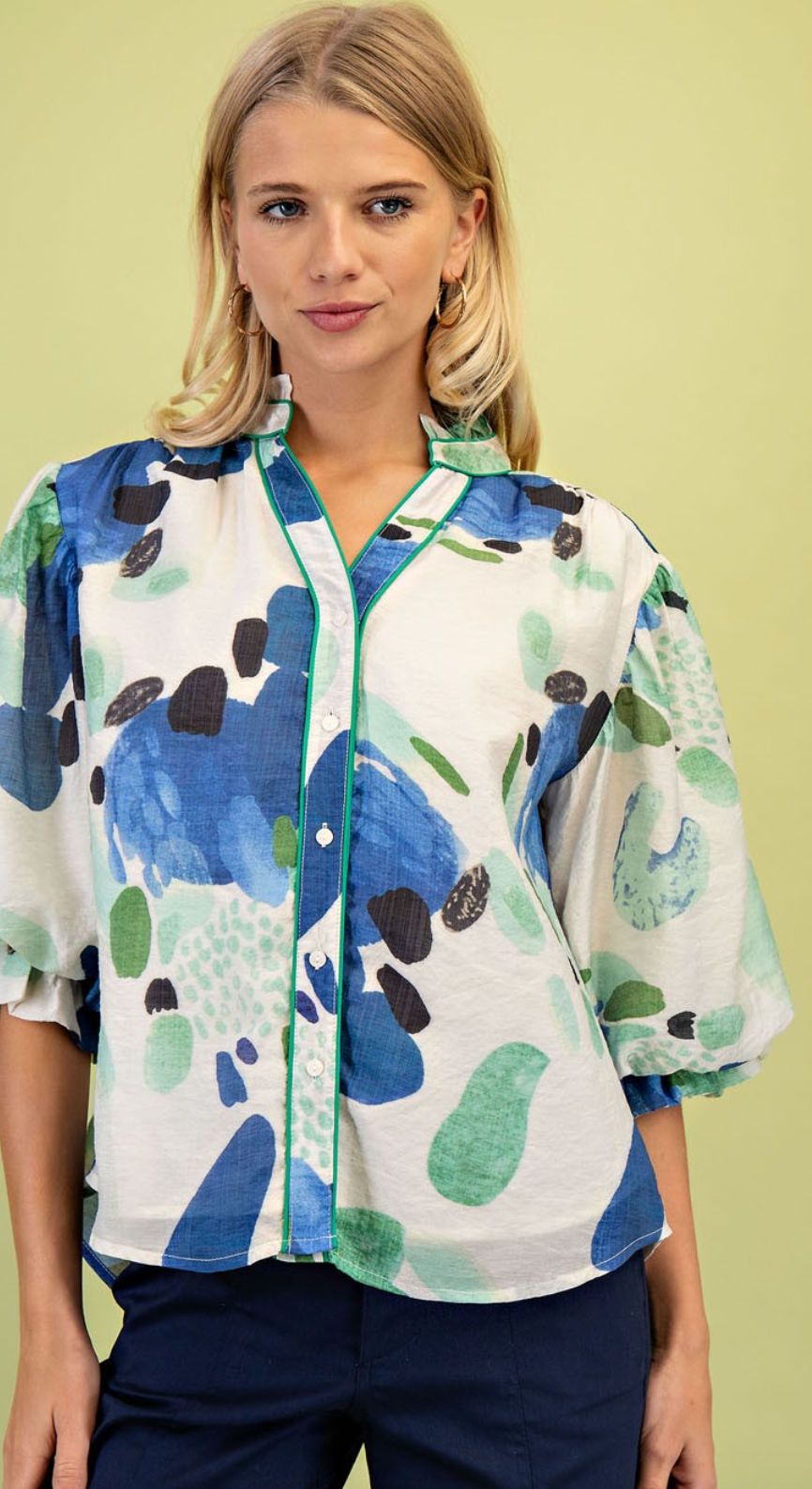 Printed Blouse With Gathered Balloon Sleeves- Green