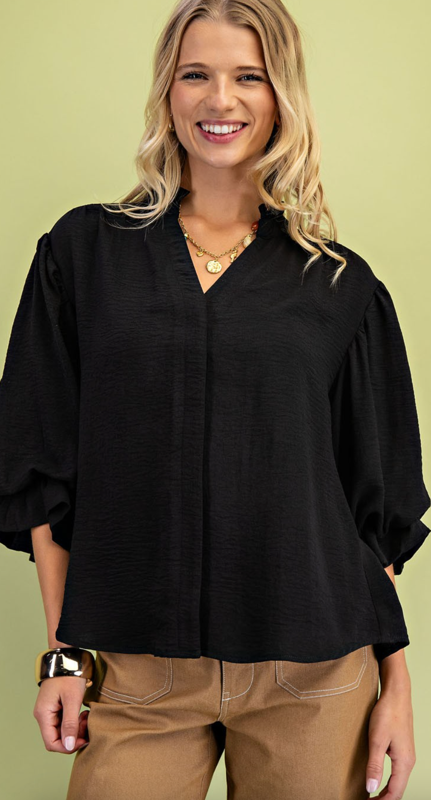 3/4 Length Gathered Balloon Sleeve Blouse- Black