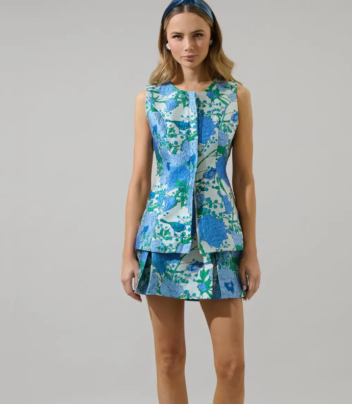 Willa Floral Maize Jacquard Sleeveless Top-Blue