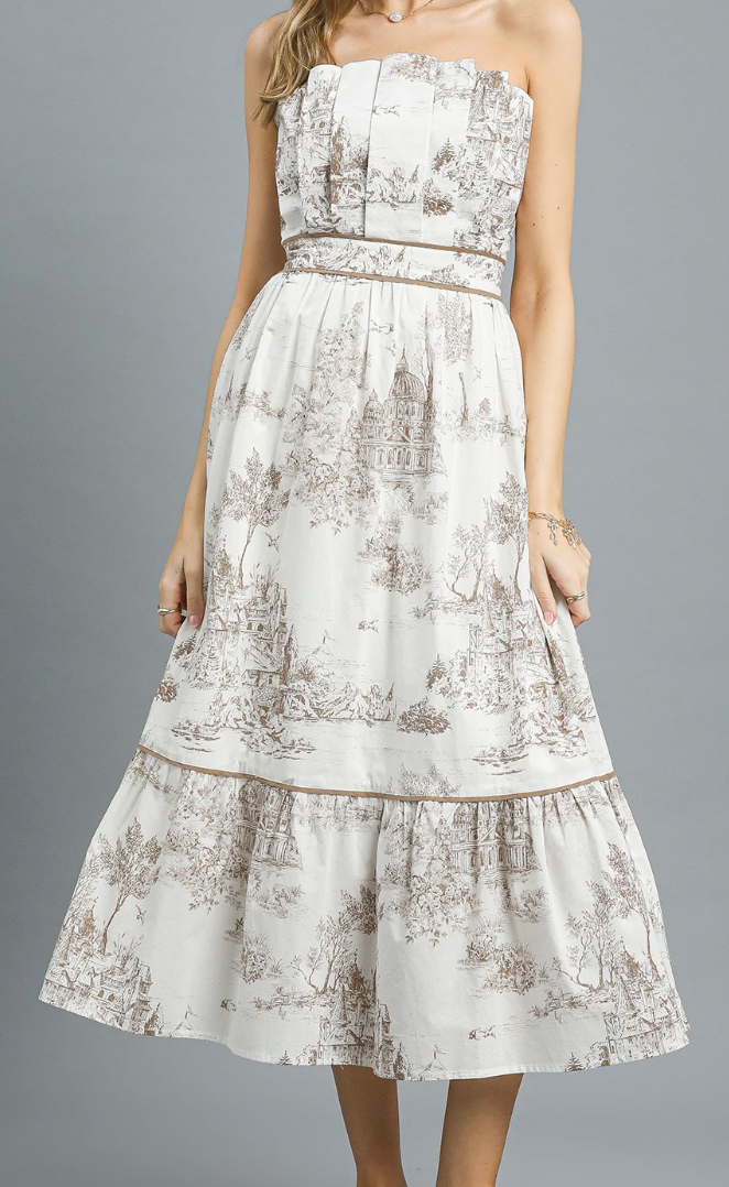 Toile Print Strapless Midi Dress - Latte