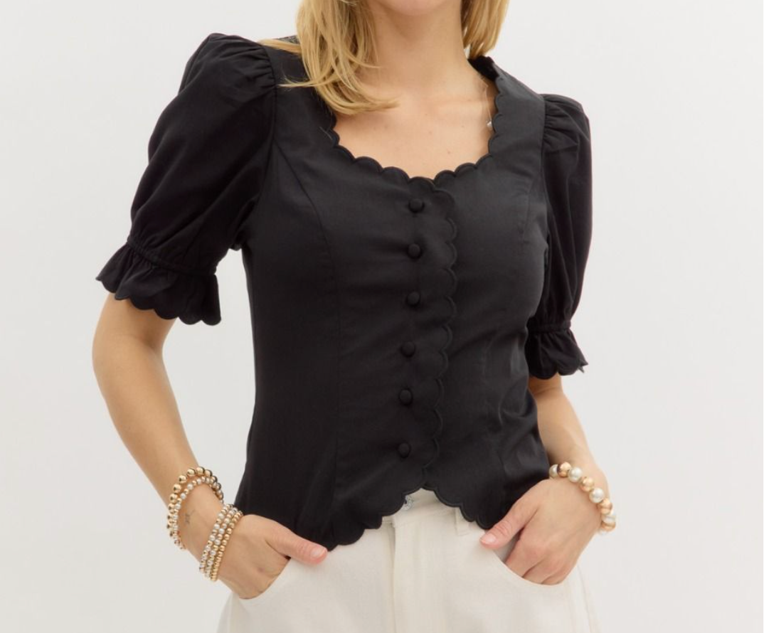 Scalloped Puff Sleeve Top - Black