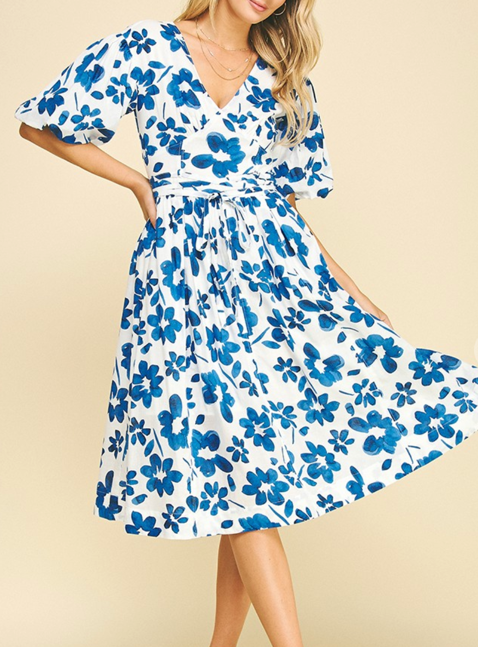 Floral Balloon Sleeve Midi Dress