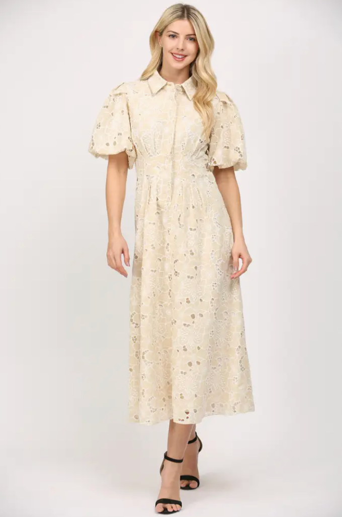 Pleated Waist Half Button Detail Eyelet Lace Dress