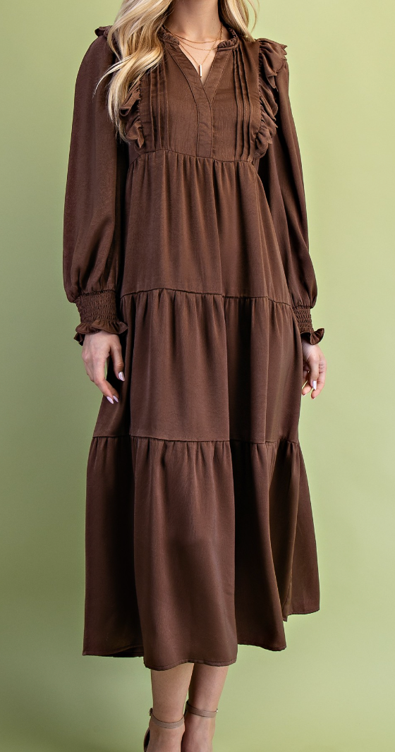 Mocha Tiered Long Sleeve Midi Dress