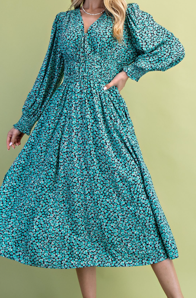 Jade Mix Ditsy Floral Print Midi Dress