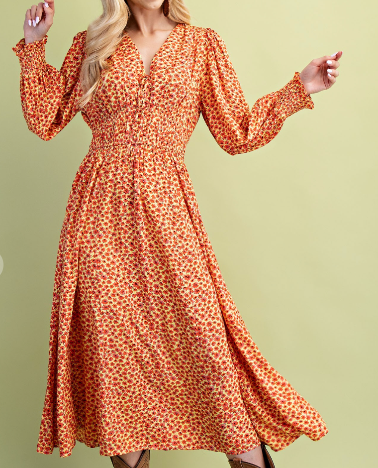 Ditsy Floral Print Midi Dress - Orange Mix