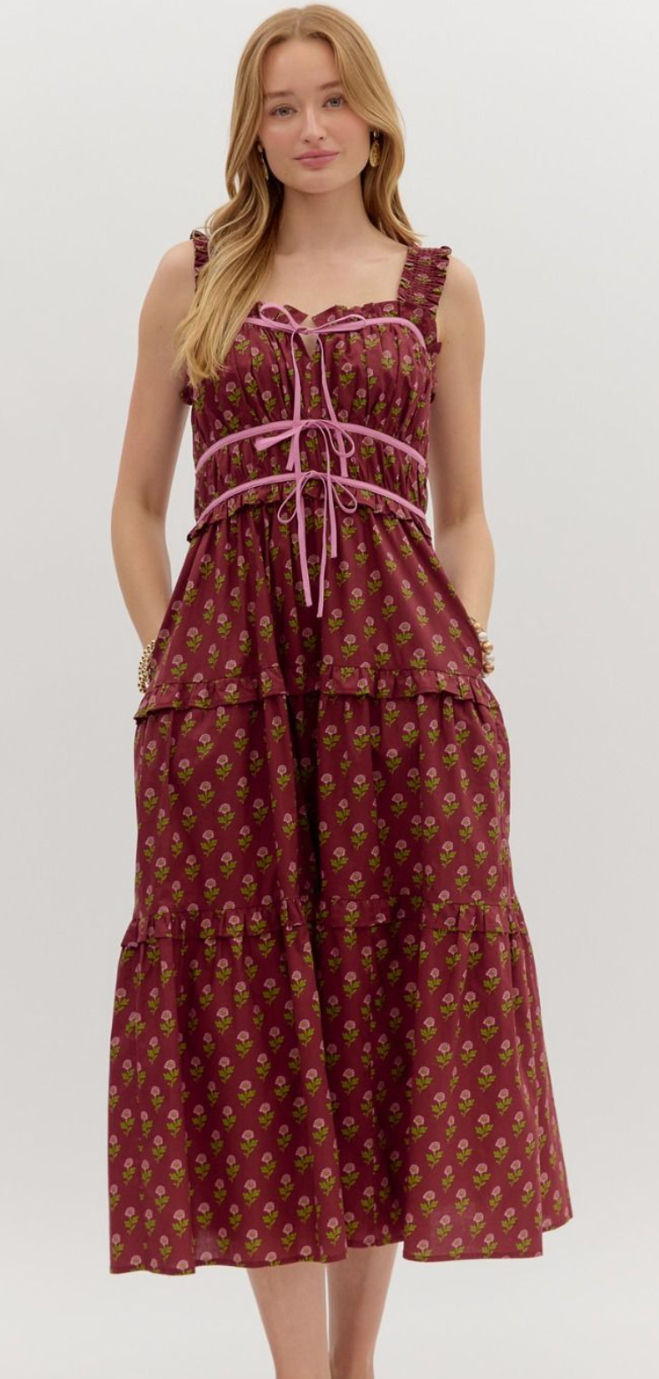 Burgundy Floral print Midi Dress