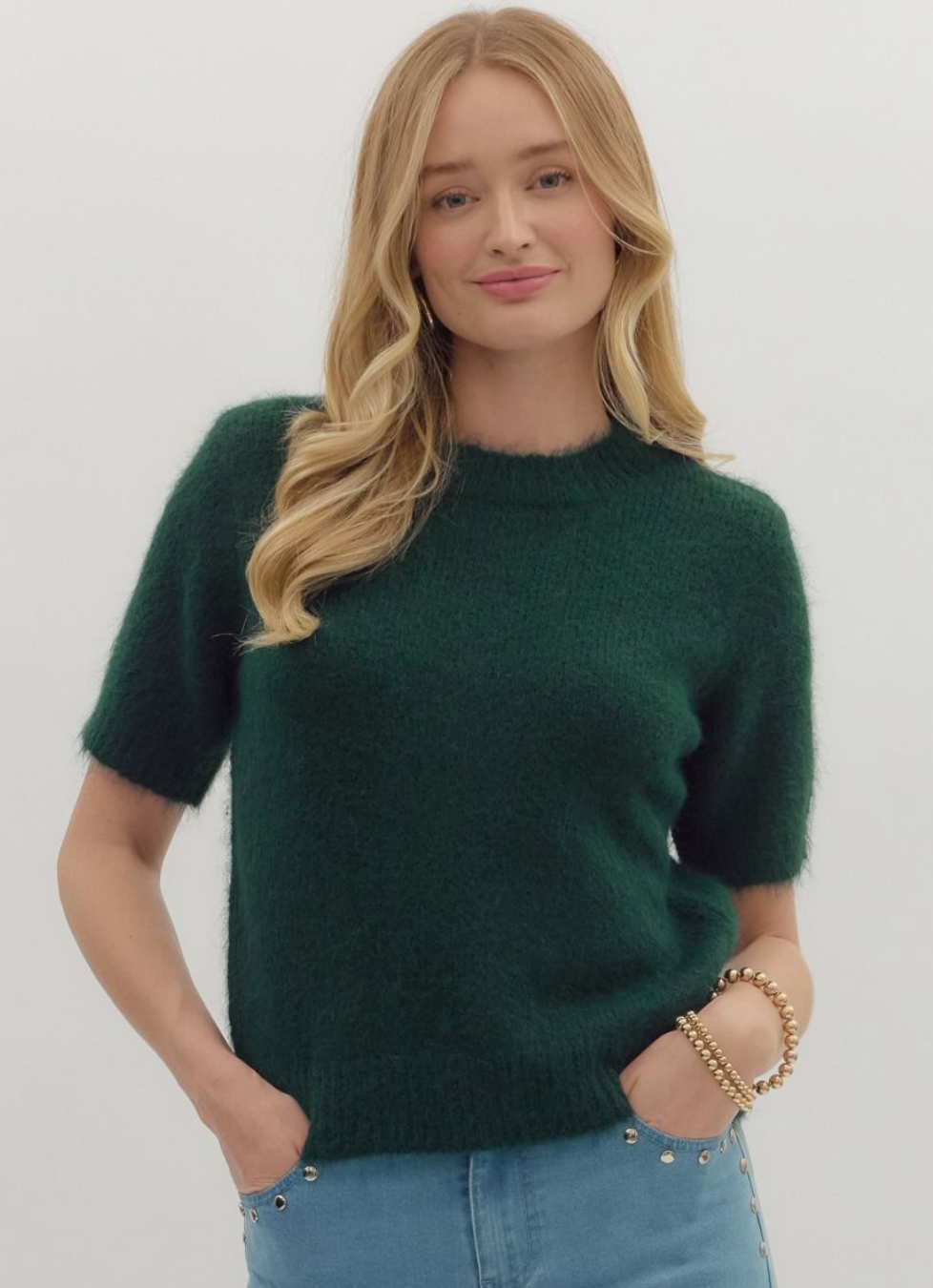short sleeve sweater knit top in Green
