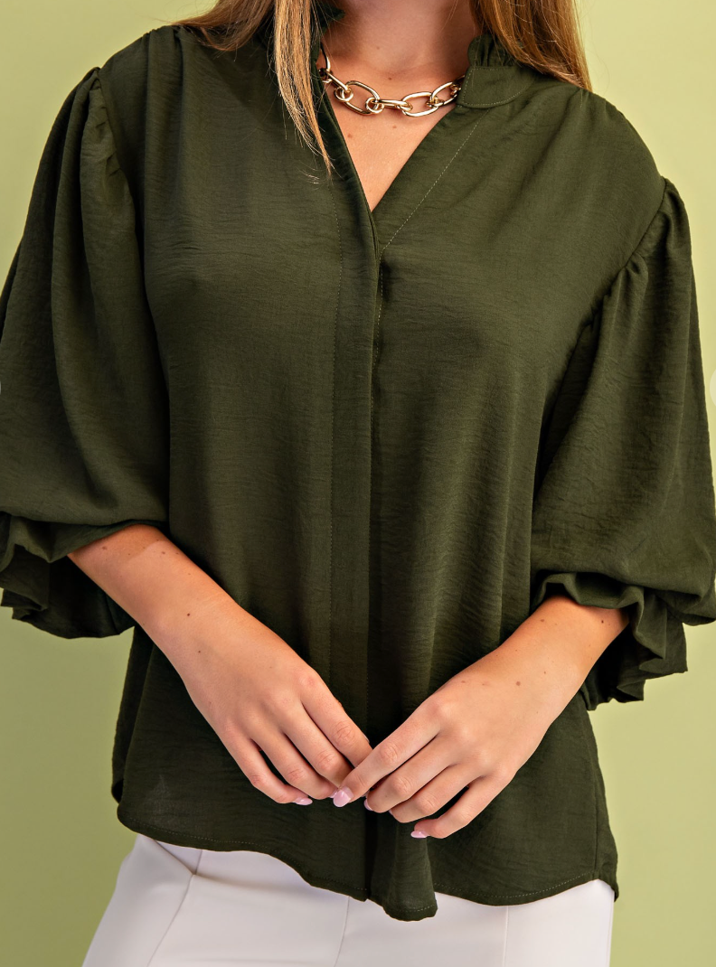 3/4 Length Gathered Balloon Sleeve Blouse - Olive