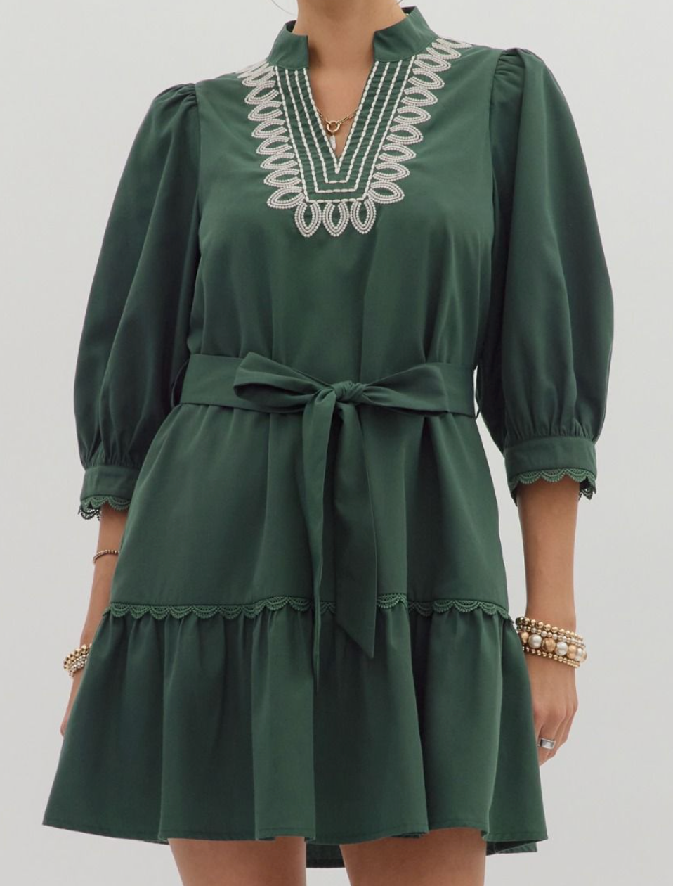 Cuff Band Sleeve Scallop Trim Mini Dress - Green