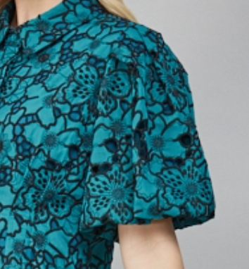 Pleated Waist Half Button Detail Eyelet Lace Dress