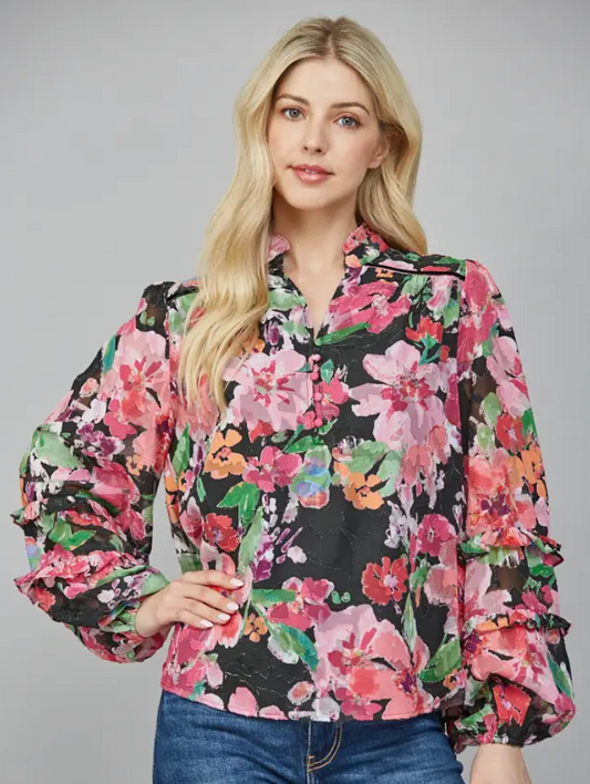 Floral Jacquard Chiffon Ruffled High Neckline