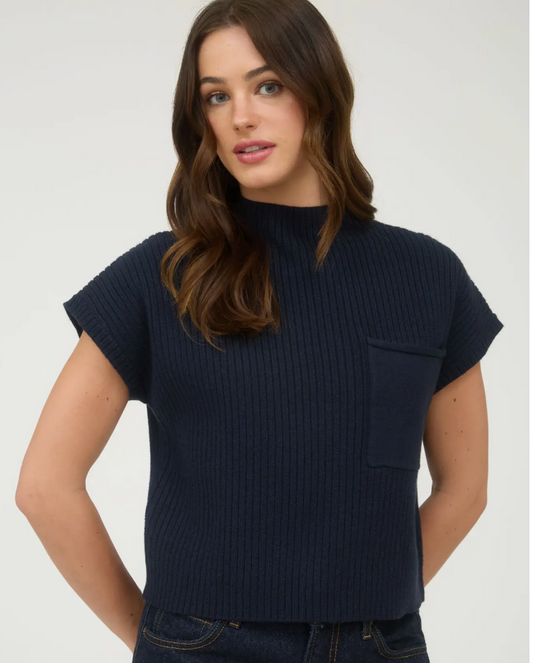 Mock Neck Pocket Detail Short Sleeve Knit Sweater-navy
