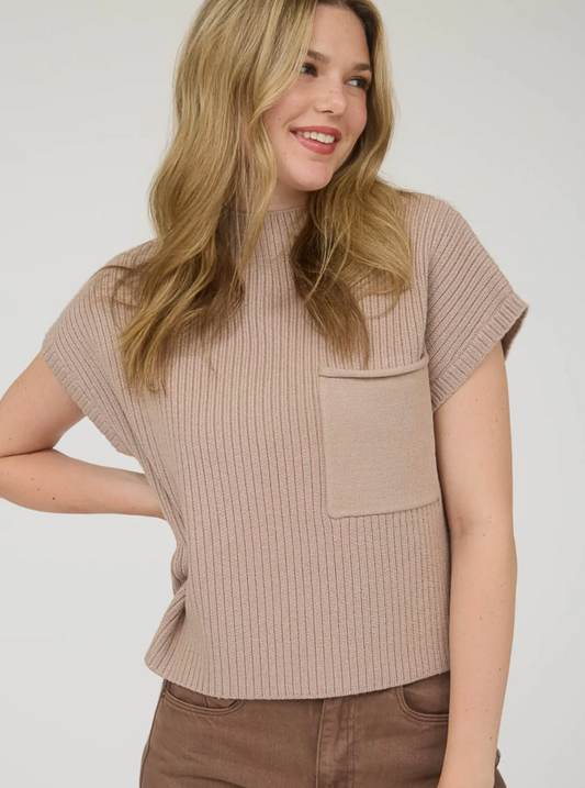 Mock Neck Pocket Detail Short Sleeve Knit Sweater-Light Taupe