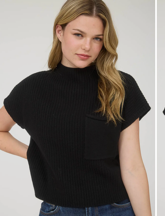 Mock Neck Pocket Detail Short Sleeve Knit Sweater- black