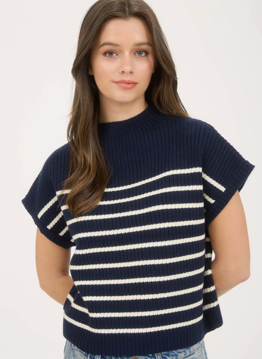 Stripe Mock Neck Short Sleeve Knit Sweater-Navy