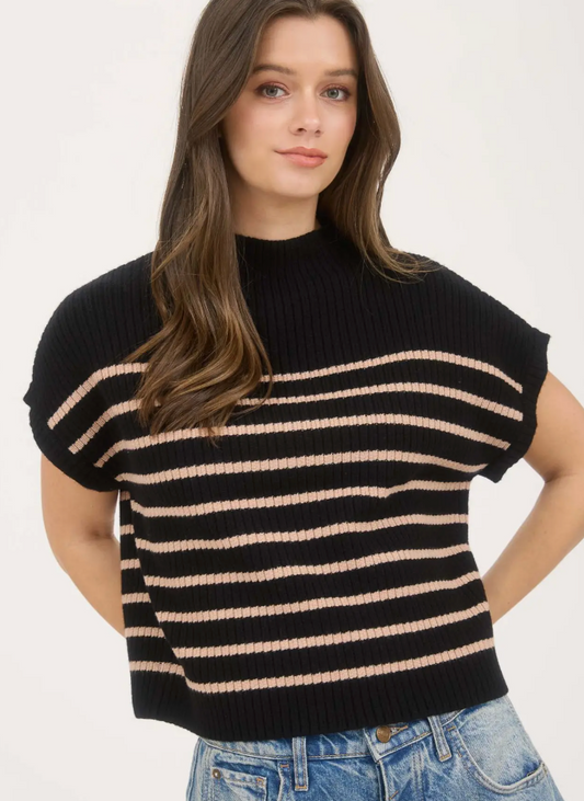 Stripe Mock Neck Short Sleeve Knit Sweater-black