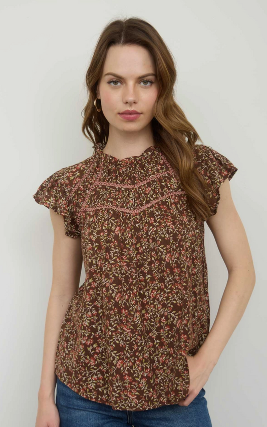 Floral Lace Yoke Trim Ruffle Detail Short Sleeve Top