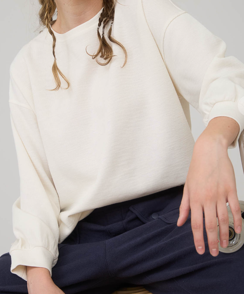 Round Neck Drop Shoulder Raw Edge Marled Knit Top