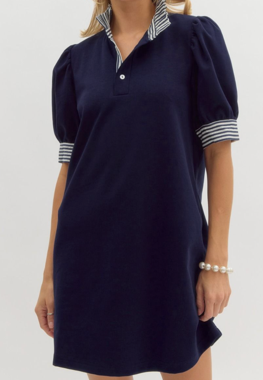Solid Short Sleeve Pullover Polo Dress - Navy