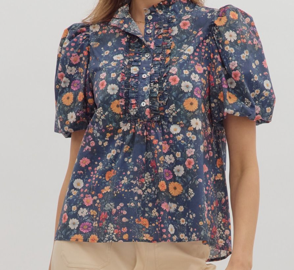 Floral Print Short Bubble Sleeve Top