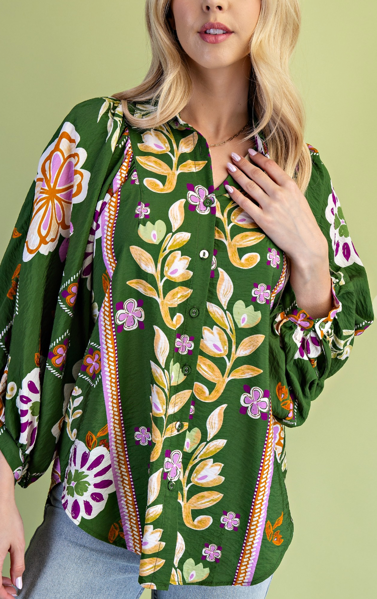 Tile Print Long Sleeve Midi Dress - OLIVE