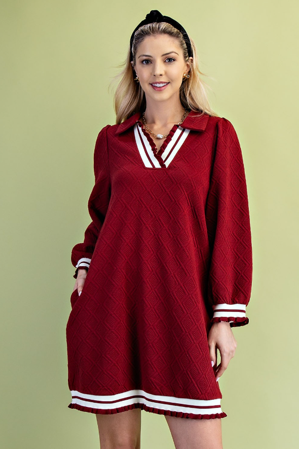 Textured V-neck Dress With A Collar-Crimson