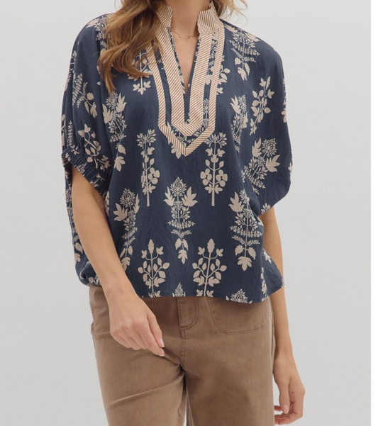 Botanical Print Blouse - Navy