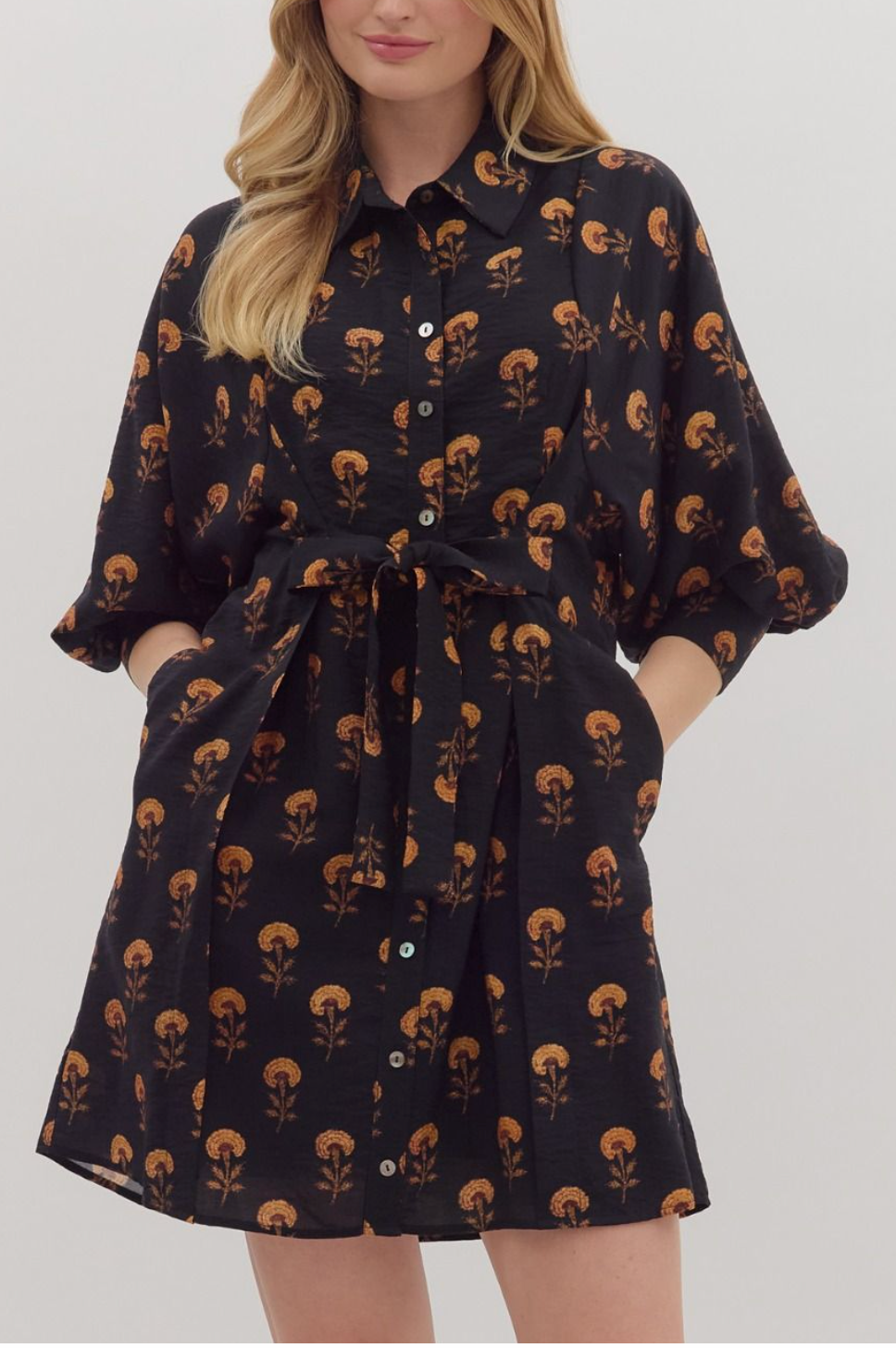 Botanical Print Mini Dress in Black