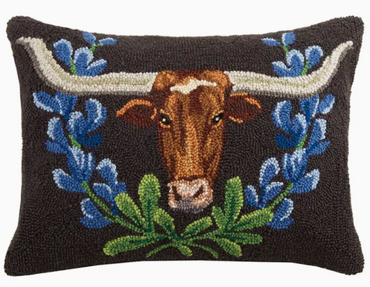 Longhorn & Blue Bonnets Hook Pillow