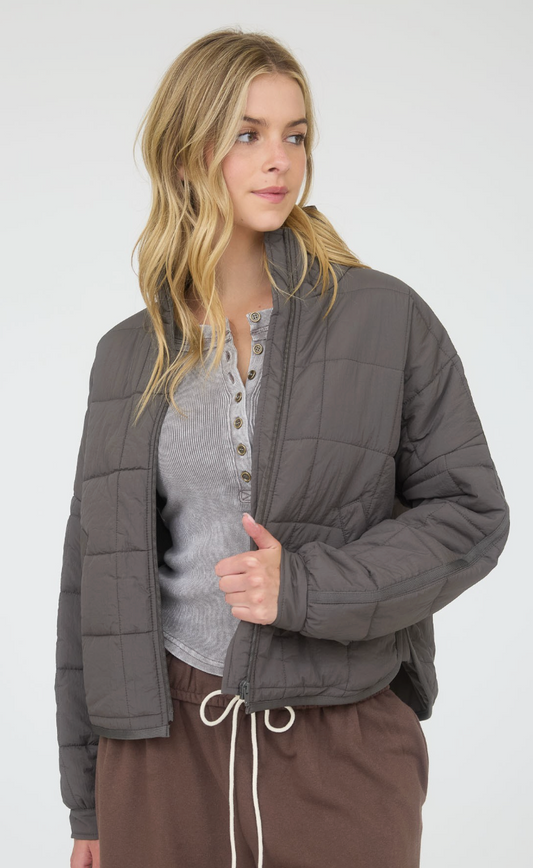 Quilted Square Zip-up Puffer Jacket- Charcoal