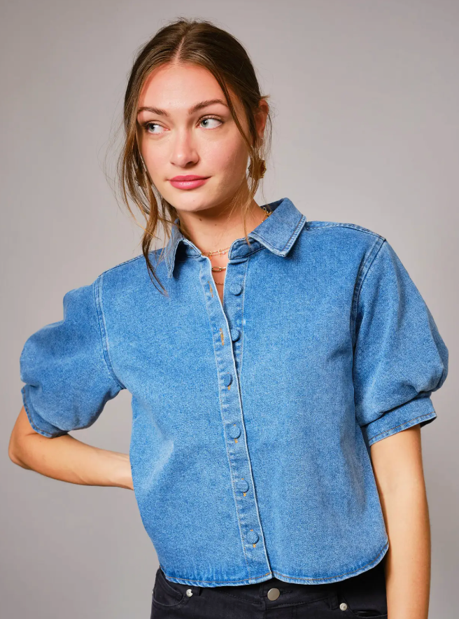 Puff Short Sleeve Button Down Denim Shirt
